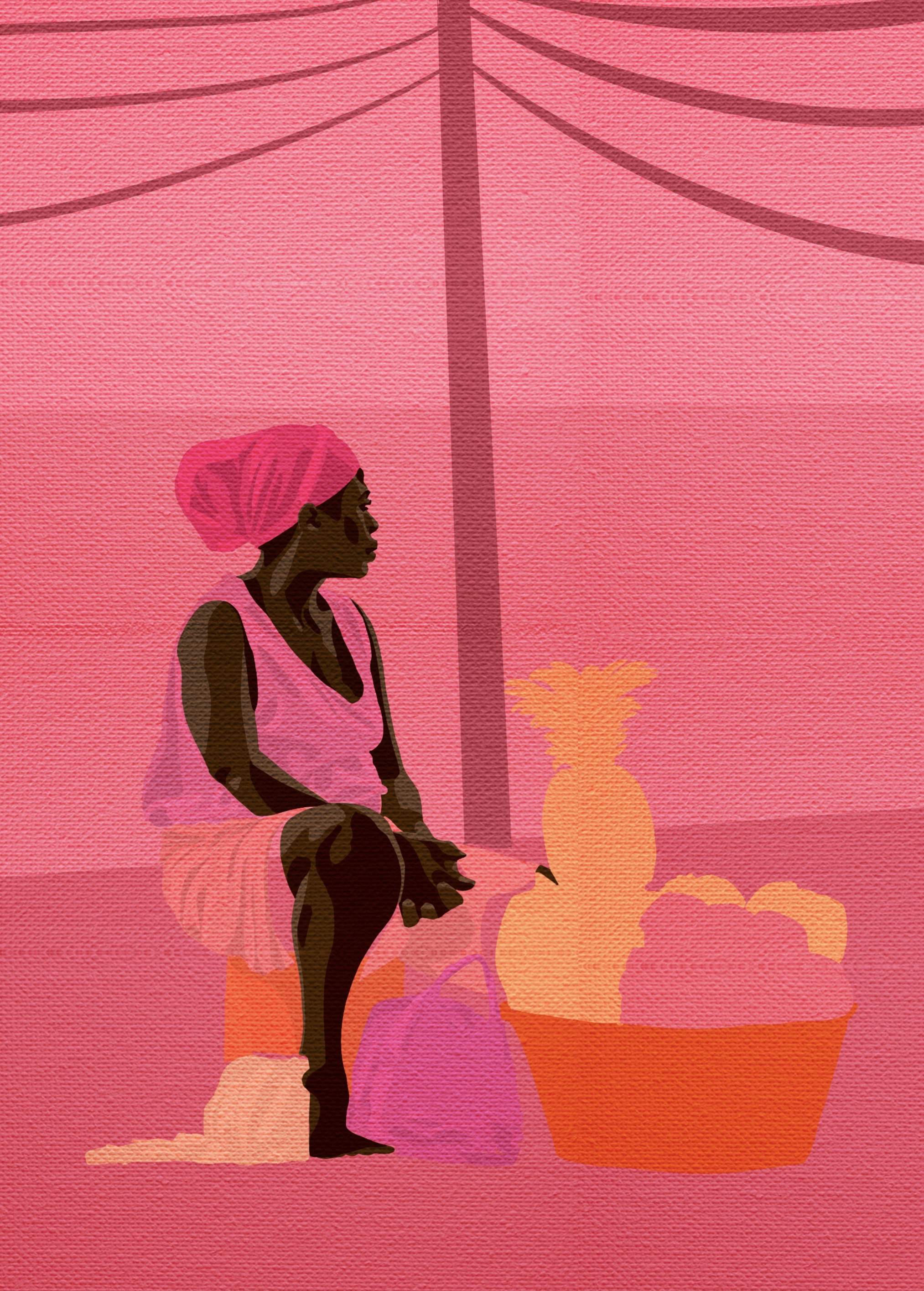 Rosengarten — Limitierter Fine Art Print von Mara, Frau mit Kopftuch in Rosa