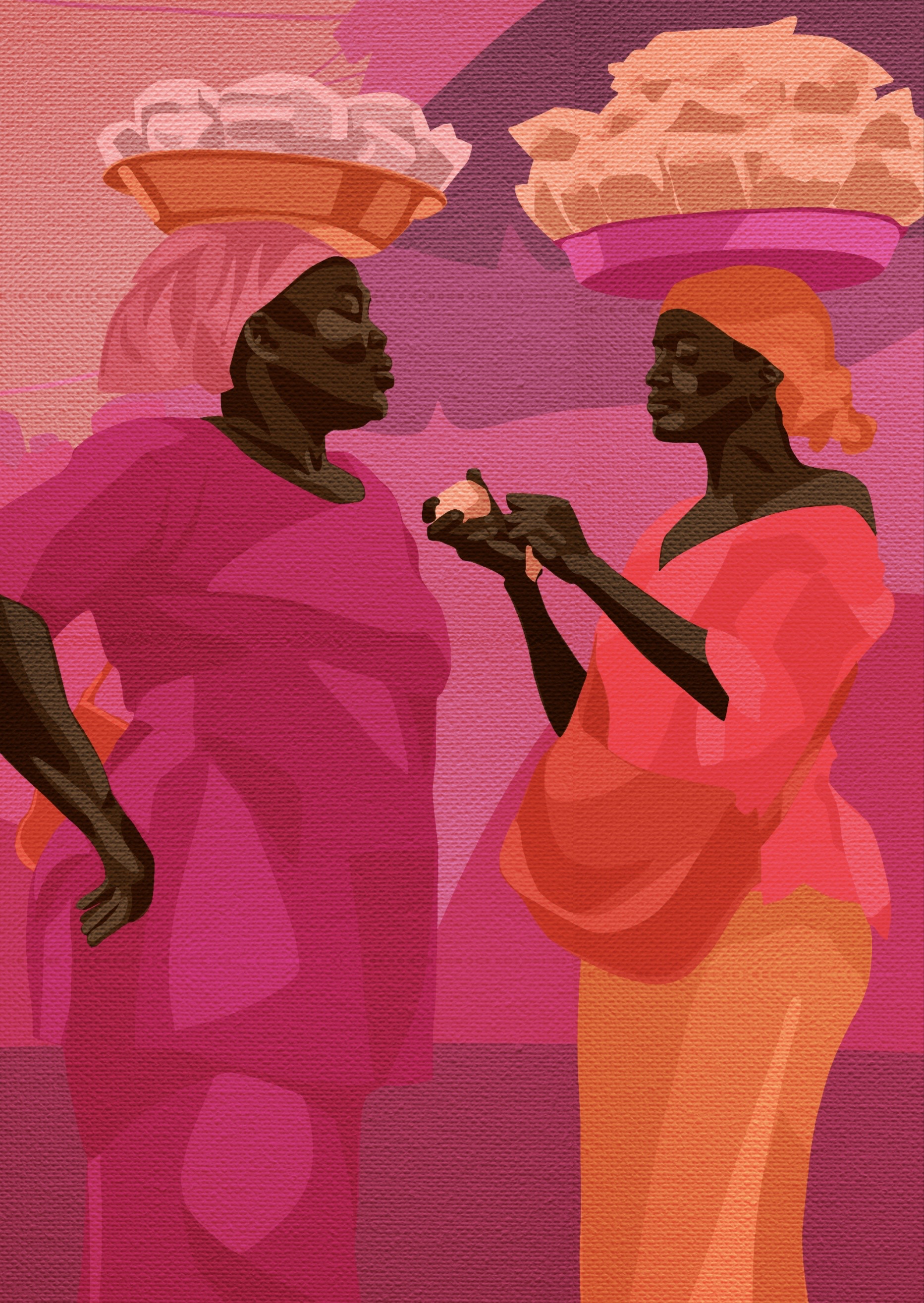 Cefalù — Original Gemälde von Mara, zwei Frauen mit Körben auf dem Kopf