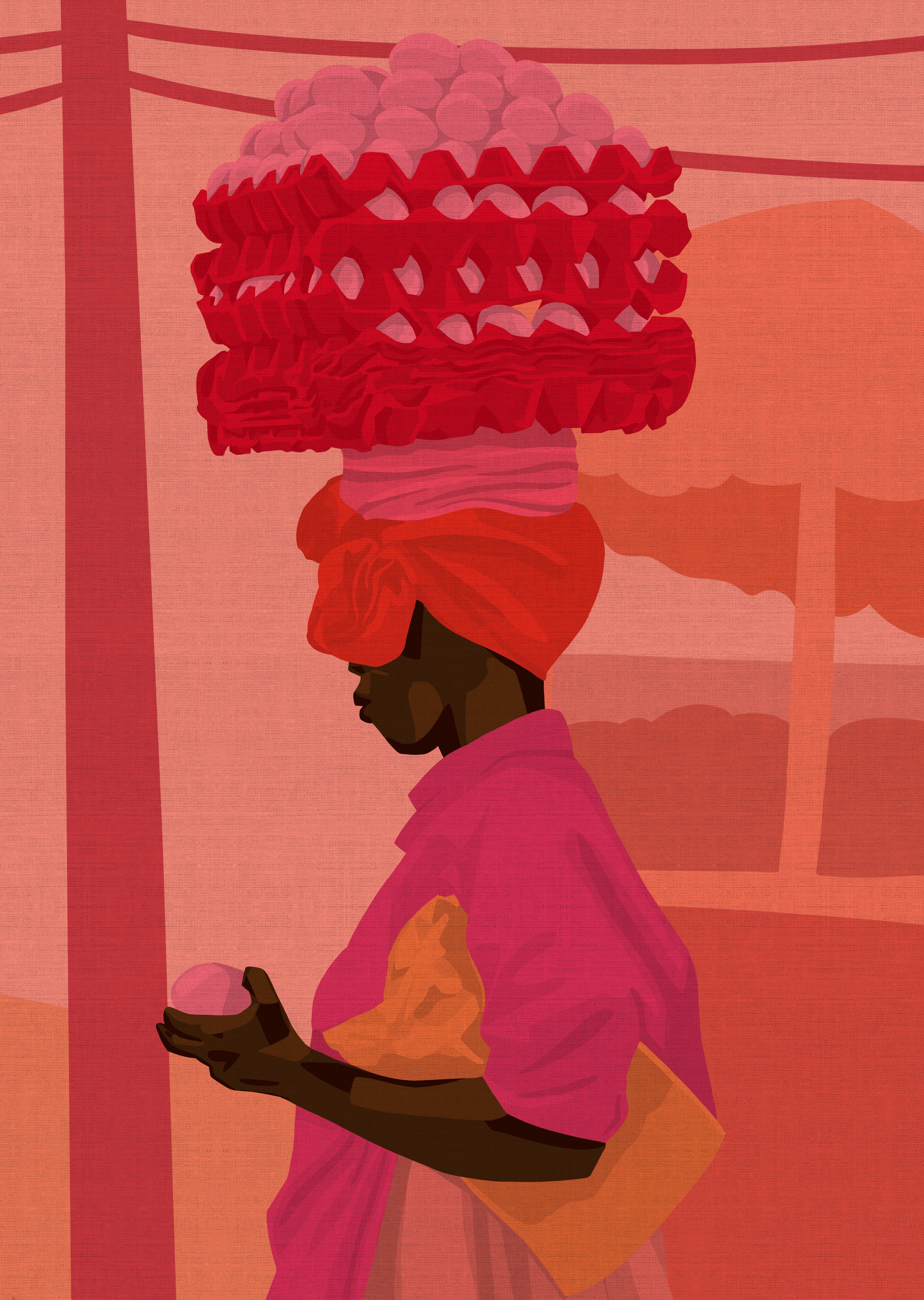 Fine Art Print von Mara — Figur mit Korb in warmen Orange- und Pinktönen