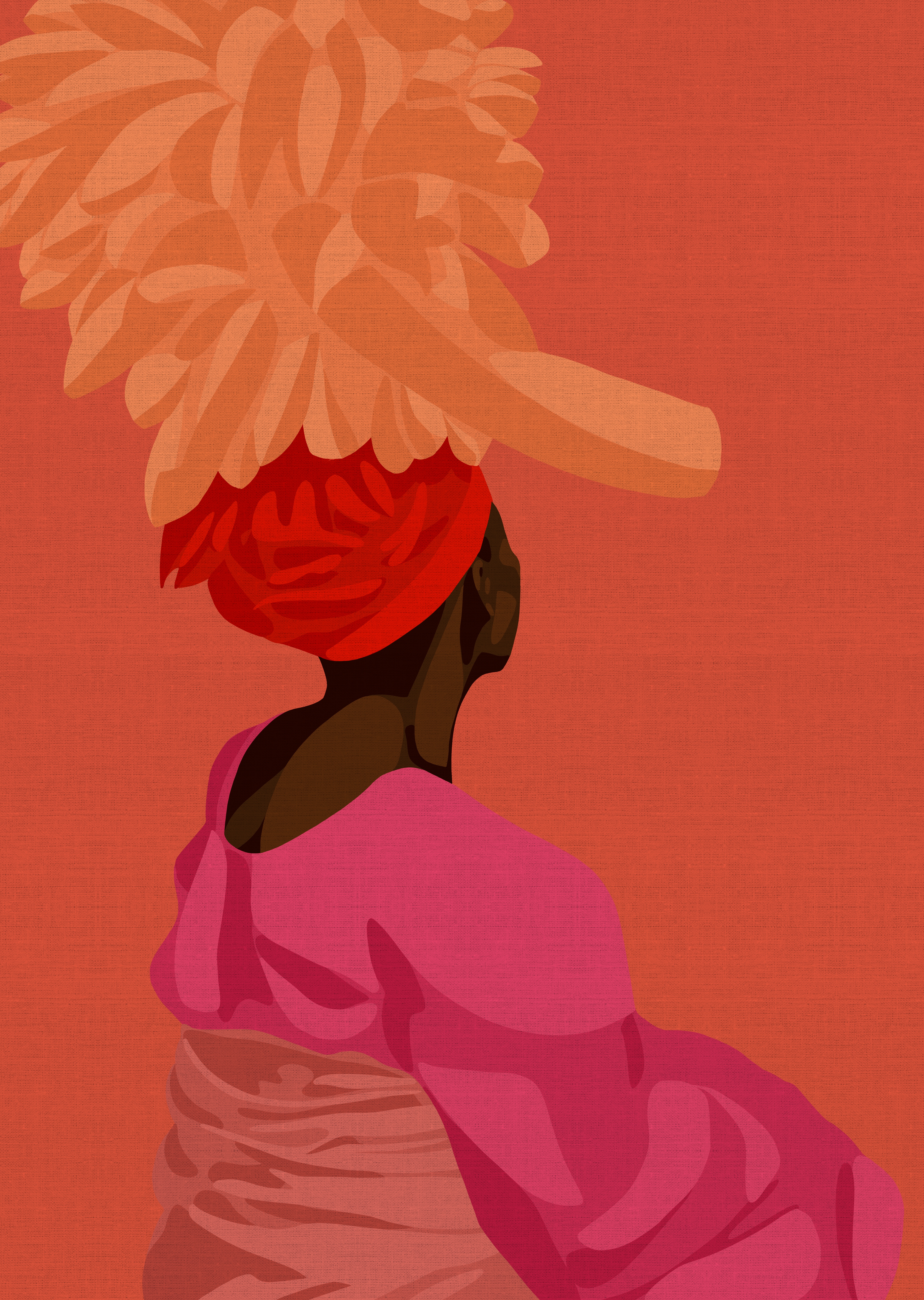 Fine Art Print von Mara — Porträt mit Blütenkopf in Orange und Pink