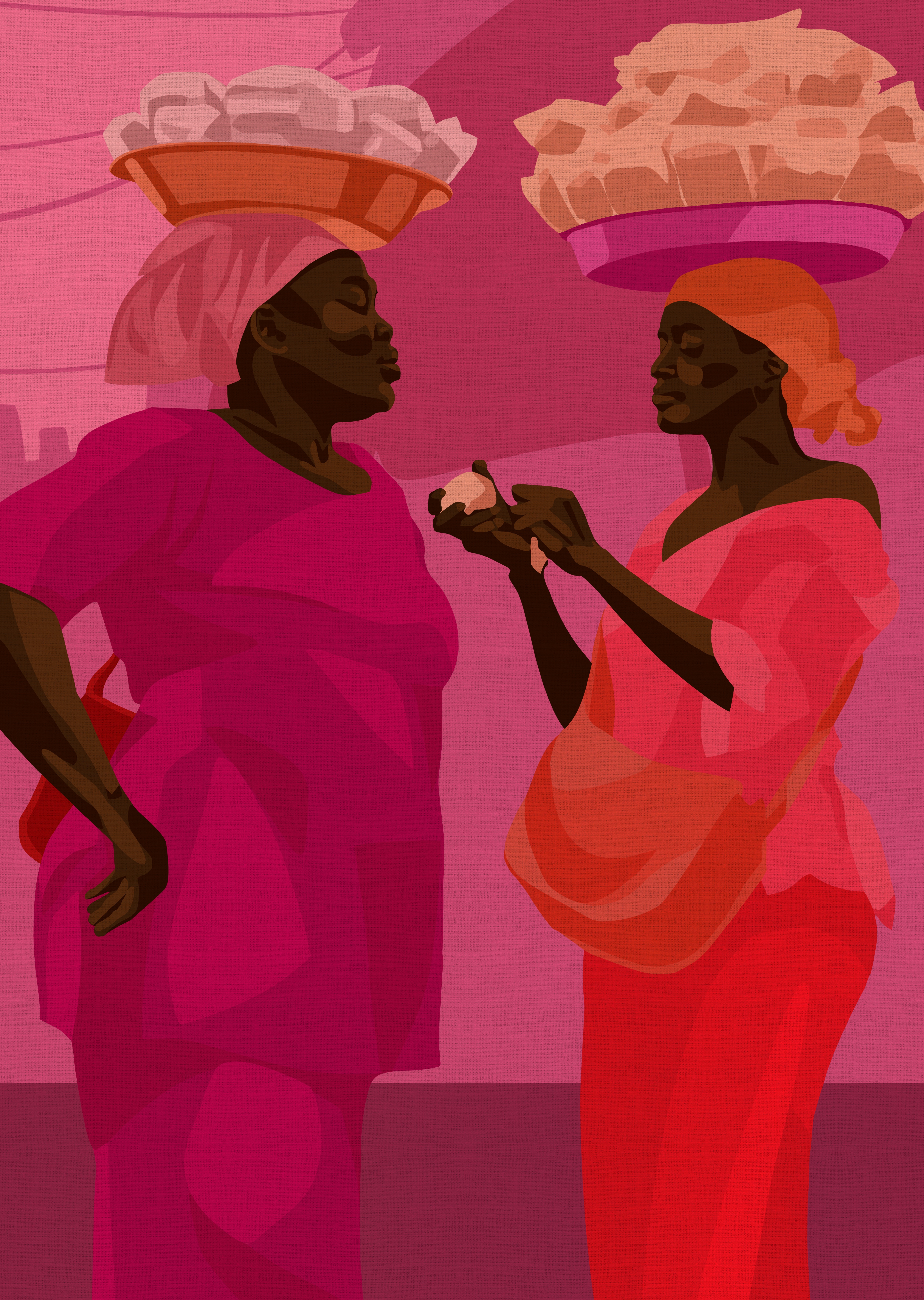 Fine Art Print von Mara — zwei Frauen mit Körben in Rot und Gelb